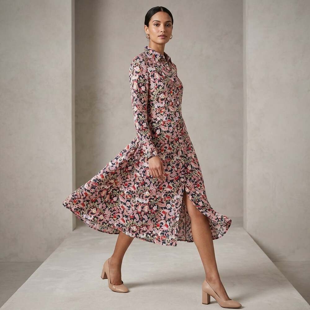 Boden Kate Long Sleeve Midi Shirt Dress in Floral Print Size Large Preppy Retro